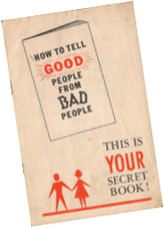 Pamphlet cover with two stick figures and the words "How to Tell Good People From Bad People."